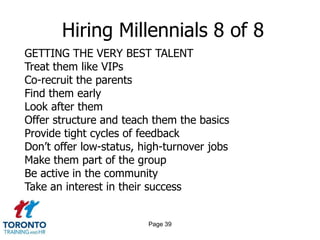 Page 37Hiring Millennials 6 of 8WEAKNESSES IDENTIFIED BY RECRUITING MANAGERSInability to receive criticism from managers or leaders Impatience with established processes Ineffective communication Lack of political savvy Lack of independence 