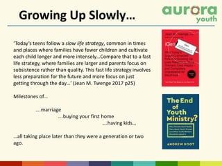 Growing Up Slowly…
‘Today’s teens follow a slow life strategy, common in times
and places where families have fewer children and cultivate
each child longer and more intensely…Compare that to a fast
life strategy, where families are larger and parents focus on
subsistence rather than quality. This fast life strategy involves
less preparation for the future and more focus on just
getting through the day…’ (Jean M. Twenge 2017 p25)
Milestones of…
….marriage
….buying your first home
….having kids…
…all taking place later than they were a generation or two
ago.
 