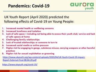 Pandemics: Covid-19
UK Youth Report (April 2020) predicted the
following effects of Covid-19 on Young People:
https://www.ukyouth.org/wp-content/uploads/2020/04/UK-Youth-Covid-19-Impact-
Report-External-Final-08.04.20.pdf
https://www.ukyouth.org/covid-19/
 