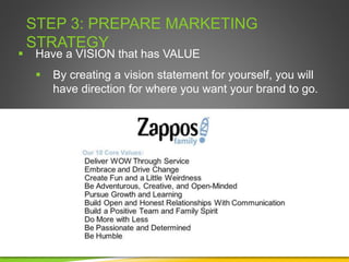 STEP 3: PREPARE MARKETING
STRATEGY
 Have a VISION that has VALUE
 By creating a vision statement for yourself, you will
have direction for where you want your brand to go.
 
