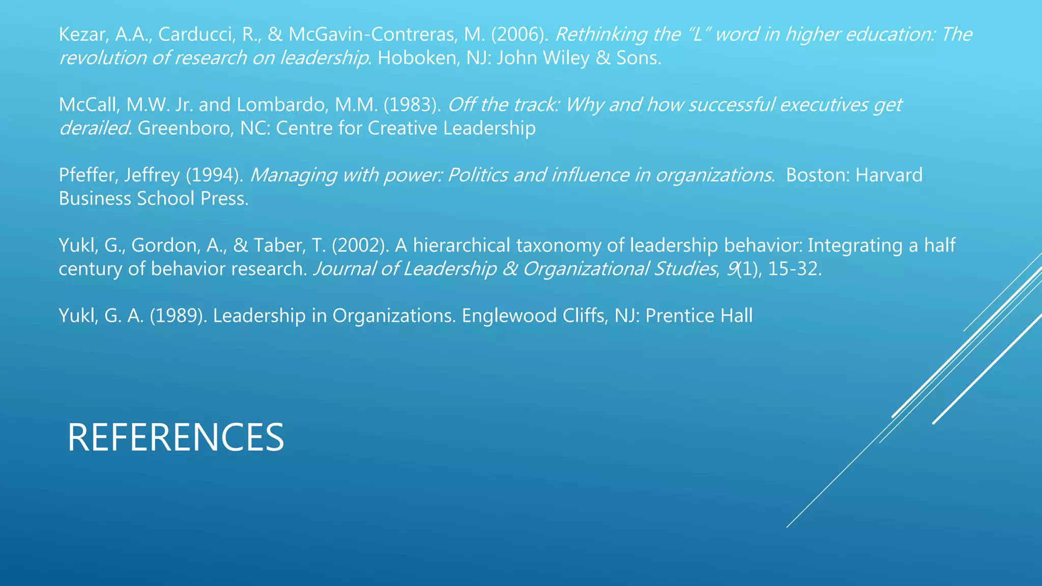 REFERENCES
Kezar, A.A., Carducci, R., & McGavin-Contreras, M. (2006). Rethinking the “L” word in higher education: The
revolution of research on leadership. Hoboken, NJ: John Wiley & Sons.
McCall, M.W. Jr. and Lombardo, M.M. (1983). Off the track: Why and how successful executives get
derailed. Greenboro, NC: Centre for Creative Leadership
Pfeffer, Jeffrey (1994). Managing with power: Politics and influence in organizations. Boston: Harvard
Business School Press.
Yukl, G., Gordon, A., & Taber, T. (2002). A hierarchical taxonomy of leadership behavior: Integrating a half
century of behavior research. Journal of Leadership & Organizational Studies, 9(1), 15-32.
Yukl, G. A. (1989). Leadership in Organizations. Englewood Cliffs, NJ: Prentice Hall
 