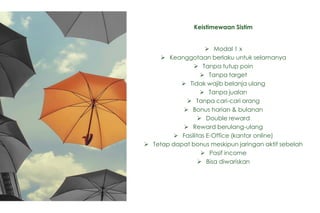  Modal 1 x
 Keanggotaan berlaku untuk selamanya
 Tanpa tutup poin
 Tanpa target
 Tidak wajib belanja ulang
 Tanpa jualan
 Tanpa cari-cari orang
 Bonus harian & bulanan
 Double reward
 Reward berulang-ulang
 Fasilitas E-Office (kantor online)
 Tetap dapat bonus meskipun jaringan aktif sebelah
 Pasif income
 Bisa diwariskan
Keistimewaan Sistim
 