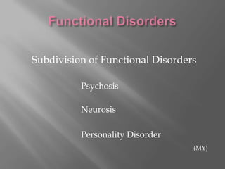 Types of Mental Disorder (cont’d.)DSM-IV Classification	The Diagnostic and Statistical Manual of Mental Disorders, Fourth Edition (Thio, p. 174)	Each mental disorder is listed along with its defining symptoms/criteria.(MY)