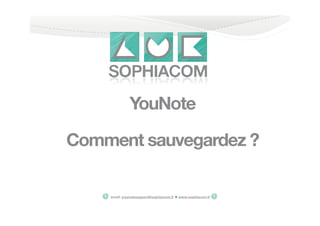 YouNote

Comment sauvegardez ?

   @ email: younotesupport@sophiacom.fr  www.sophiacom.fr @
 