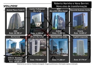 Market Place Tower II 
AV NAÇÕES UNIDAS 
Intel 
Área: 28.988 m² 
MARGINAL PINHEIROS 
R VERBO DIVINO 
AV JOÃO DIAS 
AV DOS 
AV SANTO AMARO 
BANDEIRANTES 
AV ENG LUIS 
CARLOS BERRINI 
AV JORN 
ROBERTO MARINHO 
AV MORUMBI 
AV VEREADOR 
JOSÉ DINIZ 
AV IBIRAPUERA 
AV MOREIRA 
GUIMARÃES 
AV WASHINGTON LUIS 
Material de uso interno; Proibida a divulgação. Imagens preliminares. Informações sujeitas à alteração. 
ROD DOS 
IMIGRANTES 
AV DOS 
BANDEIRANTES 
AV ROQUE 
PETRONI JUNIOR 
Ampliação da 
Av. Chucri Zaidan. 
Morumbi Business Center 
Oracle 
Área: 18.500 m² 
MOT 
Morumbi Office Tower 
ALMAP 
Área: 19.400 m² 
Centro Profissional 
Morumbi 
Área: 16.000 m² 
Capital Corporate 
Área: 37.774 m² 
Morumbi Corporate 
Área: 71.200 m² 
WTorre Morumbi 
Área: 170.428 m² 
Rochaverá 
Unilever, Brookfield, 
Banco Votorantim. 
Área: 125.625 m² 
Roberto Marinho e Nova Berrini: 
Novo eixo de transformação 
 