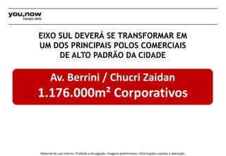 EIXO SUL DEVERÁ SE TRANSFORMAR EM 
UM DOS PRINCIPAIS POLOS COMERCIAIS 
DE ALTO PADRÃO DA CIDADE 
Av. Berrini / Chucri Zaidan 
1.176.000m² Corporativos 
Material de uso interno; Proibida a divulgação. Imagens preliminares. Informações sujeitas à alteração. 
 