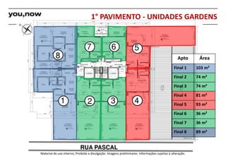1° PAVIMENTO - UNIDADES GARDENS 
7 6 5 
2 3 4 
Apto Área 
Final 1 103 m² 
Final 2 74 m² 
Final 3 74 m² 
Final 4 81 m² 
Final 5 93 m² 
Final 6 36 m² 
Final 7 36 m² 
Final 8 89 m² 
8 
RUA PASCAL 
1 
Material de uso interno; Proibida a divulgação. Imagens preliminares. Informações sujeitas à alteração. 
 