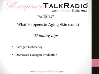 What Happens to Aging Skin (cont.)

Thinning Lips
• Estrogen Deficiency
• Decreased Collagen Production

 