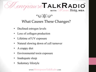 What Causes These Changes?
• Declined estrogen levels
• Loss of collagen production
• Lifetime of UV exposure
• Natural slowing down of cell turnover
• A crappy diet
• Environmental toxin exposure
• Inadequate sleep
• Sedentary lifestyle

 