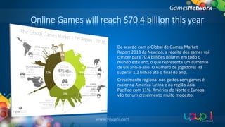 Online Games will reach $70.4 billion this year
De acordo com o Global de Games Market
Report 2013 da Newzoo, a receita dos games vai
crescer para 70,4 bilhões dólares em todo o
mundo este ano, o que representa um aumento
de 6% ano-a-ano. O número de jogadores irá
superar 1,2 bilhão até o final do ano.
Crescimento regional nos gastos com games é
maior na América Latina e na região ÁsiaPacífico com 11%. América do Norte e Europa
vão ter um crescimento muito modesto.

 