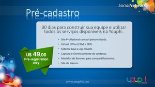 Pré-cadastro
30 dias para construir sua equipe e utilizar
todos os serviços disponíveis na Youphi.
• Site Profissional com url personalizada.
• Virtual Office (CRM + ERP).
• Sistema Loja a Loja Youphi.
• Captura e Gerenciamento de contatos.
• Modelos de Banners para compartilhamento.
• Site de Games.

 