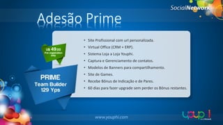 Adesão Prime
• Site Profissional com url personalizada.
• Virtual Office (CRM + ERP).
• Sistema Loja a Loja Youphi.
• Captura e Gerenciamento de contatos.
• Modelos de Banners para compartilhamento.
• Site de Games.
• Recebe Bônus de Indicação e de Pares.
• 60 dias para fazer upgrade sem perder os Bônus restantes.

 