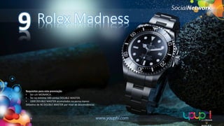 9

Rolex Madness

Requisitos para esta premiação
• Ser um MONARCA.
• Ter no mínimo 100 contas DOUBLE MASTER.
• 1000 DOUBLE MASTER acumulados na perna menor.
(Máximo de 90 DOUBLE MASTER por nível de descendência)

 
