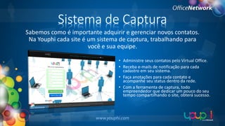 Sistema de Captura
Sabemos como é importante adquirir e gerenciar novos contatos.
Na Youphi cada site é um sistema de captura, trabalhando para
você e sua equipe.
• Administre seus contatos pelo Virtual Office.
• Receba e-mails de notificação para cada
cadastro em seu sistema.
• Faça anotações para cada contato e
acompanhe seu status dentro da rede.
• Com a ferramenta de captura, todo
empreendedor que dedicar um pouco do seu
tempo compartilhando o site, obterá sucesso.

 