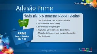 Adesão Prime
Neste plano o empreendedor recebe:
• Site Profissional com url personalizada.
• Virtual Office (CRM + ERP).
• Sistema Loja a Loja Youphi.
• Captura e Gerenciamento de contatos.
• Modelos de Banners para compartilhamento.

• Site de Games.

www.youphi.com

 
