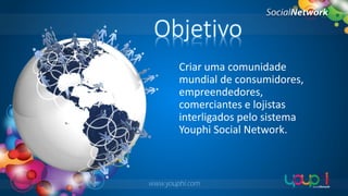 Objetivo
Criar uma comunidade
mundial de consumidores,
empreendedores,
comerciantes e lojistas
interligados pelo sistema
Youphi Social Network.

www.youphi.com

 