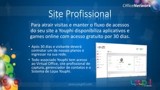 Site Profissional
Para atrair visitas e manter o fluxo de acessos
do seu site a Youphi disponibiliza aplicativos e
games online com acesso gratuito por 30 dias.
• Após 30 dias o visitante deverá
contratar um de nossos planos e
ingressar na sua rede.
• Todo associado Youphi tem acesso
ao Virtual Office, site profissional de
captura, gerenciador de contatos e o
Sistema de Lojas Youphi.
www.youphi.com

 