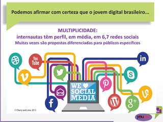 Podemos afirmar com certeza que o jovem digital brasileiro...
MULTIPLICIDADE:
internautas têm perfil, em média, em 6,7 redes sociais
Muitas vezes são propostas diferenciadas para públicos específicos
 