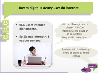  96% usam internet
diariamente...
 Só 1% usa internet < 1
vez por semana.
Jovem digital = heavy user da internet
Não há diferenças entre
classes A-B-C, e
internautas da classe D
já demostram
frequência quase igual
Também não há diferença
entre os sexos ou faixas
etárias
 