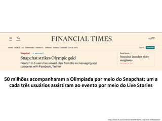 https://www.ft.com/content/c463c9fe-6279-11e6-8310-ecf0bddad227
50 milhões acompanharam a Olimpíada por meio do Snapchat: um a
cada três usuários assistiram ao evento por meio do Live Stories
 