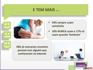 E TEM MAIS ...
58% já marcaram encontro
pessoal com alguém que
conheceram na internet
 54% sempre usam
camisinha
 18% NUNCA usam e 17% só
usam quando ‘lembram’
 