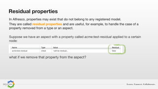 Learn. Connect. Collaborate.
Residual properties
In Alfresco, properties may exist that do not belong to any registered model.
They are called residual properties and are useful, for example, to handle the case of a
property removed from a type or an aspect.
Suppose we have an aspect with a property called acme:test-residual applied to a certain
node:
what if we remove that property from the aspect?
 