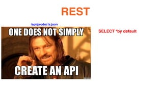 /api/products.json
/api/products_for_ios.json
/api/products_for_android.json
/api/v1/products_for_ios.json
/api/v2/products_for_ios.json
..
REST
SELECT *by default
 