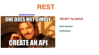 /api/products.json
/api/products_for_ios.json
/api/products_for_android.json
/api/v1/products_for_ios.json
/api/v2/products_for_ios.json
..
REST
SELECT *by default
Field selection
Sideloading
 