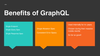 Benefits of GraphQL
Used internally for 4+ years
Chosen during their massive
mobile rewrite
So far so good!
Single Endpoint
Single Query Spec?
Single Response Spec
Single Mutation Spec
Consistent Error Specs
 