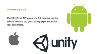Storefront Buy SDKs
The Storefront API gives you full creative control
to build customized purchasing experiences for
your customers.
 
