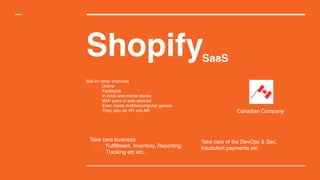 Shopify
Sell on other channels
Online
Facebook
In brick and mortor stores
With point of sale devices
Even inside mobile/computer games
They also do VR and AR
SaaS
Take care business
- Fulfillment, Inventory, Reporting,
Tracking etc etc..
Take care of the DevOps & Sec,
fraudulent payments etc
Canadian Company
 