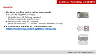  Container used for storing unique access code
 CODESYS Key ( USB dongle)
 CmActContainer ( Software container)
firml...