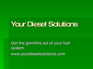Your Diesel Solutions Get the gremlins out of your fuel system www.yourdieselsolutions.com 