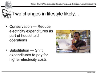 Two changes in lifestyle likely… Conservation — Reduce electricity expenditures as part of household operations Substitution — Shift expenditures to pay for higher electricity costs 