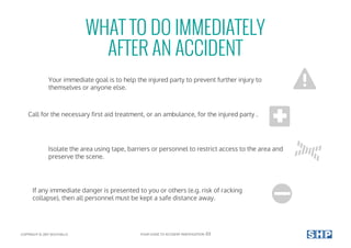 WHAT TO DO IMMEDIATELY
AFTER AN ACCIDENT
Your immediate goal is to help the injured party to prevent further injury to
themselves or anyone else.
Call for the necessary first aid treatment, or an ambulance, for the injured party .
If any immediate danger is presented to you or others (e.g. risk of racking
collapse), then all personnel must be kept a safe distance away.
Isolate the area using tape, barriers or personnel to restrict access to the area and
preserve the scene.
COPYRIGHT © 2017 SOUTHALLS YOUR GUIDE TO ACCIDENT INVESTIGATION 03
 