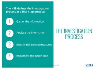 THE INVESTIGATION
PROCESS
1 Gather the information
Analyse the information
Identify risk control measures
Implement the action plan
The HSE defines the investigation
process as a four-step process:
2
3
4
COPYRIGHT © 2017 SOUTHALLS YOUR GUIDE TO ACCIDENT INVESTIGATION 05
 