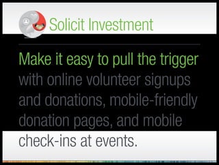 Solicit Investment
Build a case that is
consistent, shows impact,
and is personal.
 