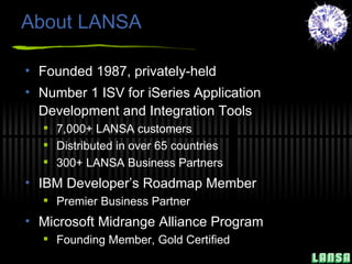 About LANSA Founded 1987, privately-held Number 1 ISV for iSeries Application Development and Integration Tools 7,000+ LANSA customers Distributed in over 65 countries 300+ LANSA Business Partners IBM Developer’s Roadmap Member Premier Business Partner Microsoft Midrange Alliance Program  Founding Member, Gold Certified 