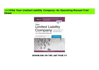 DOWNLOAD ON THE LAST PAGE !!!!
Running your LLC, step by step A limited liability company can give your small business both tax benefits and protection from personal liability for business debts. But without careful record keeping, regular meetings, and formal minutes, you could lose these advantages.Your Limited Liability Company provides all the instructions and forms you need to maintain the legal validity of your LLC. Forms include:Minutes of LLC MeetingWaiver of Notice of MeetingApproval of LLC MinutesWritten Consents for Single-Member LLCsYou'll also find more than 50 of the most commonly used legal resolutions to insert in your minutes or written consents. Use them to:declare distributions of LLC profits to membershire employees and contract with outside firmsapprove LLC contractsapprove salary increases and bonusesauthorize bank loanselect corporate tax treatment for your LLC, andamend the articles and operating agreement.With Downloadable Forms Provides 70 minutes and resolution forms with step-by-step instructions on how to document important LLC decisions, votes, and transactions. All forms are included in the book and are available for download on nolo.com. Download Your Limited Liability Company: An Operating Manual News
~>>File! Your Limited Liability Company: An Operating Manual Trial
Ebook
 