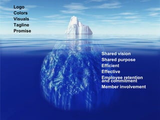 Logo Colors Visuals Tagline Promise Shared vision Shared purpose Efficient Effective Employee retention and commitment Member involvement 
