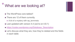+
What are we looking at?
 The WordPress core tables!!
 There are 12 of them currently
 A bit of a mystery with wp_termmeta
 Last updated with version 4.4 (we’re on 4.8.1)
 https://codex.wordpress.org/Database_Description
 Let’s discuss what they are, how they’re related and the fields
in each table
 