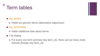 +
Term tables
 wp_terms
 Holds our generic terms (descriptive adjectives)
 wp_termmeta
 Holds additional data about terms
 1 to many
 For every one term (primary key term_id), there can be many meta
records (foreign key term_id)
 