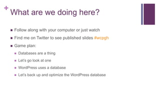 +
What are we doing here?
 Follow along with your computer or just watch
 Find me on Twitter to see published slides #wcpgh
 Game plan:
 Databases are a thing
 Let’s go look at one
 WordPress uses a database
 Let’s back up and optimize the WordPress database
 