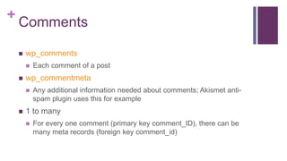 +
Comments
 wp_comments
 Each comment of a post
 wp_commentmeta
 Any additional information needed about comments; Akismet anti-
spam plugin uses this for example
 1 to many
 For every one comment (primary key comment_ID), there can be
many meta records (foreign key comment_id)
 