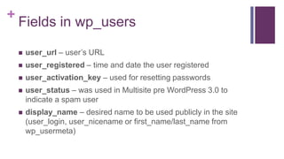 +
Fields in wp_users
 user_url – user’s URL
 user_registered – time and date the user registered
 user_activation_key – used for resetting passwords
 user_status – was used in Multisite pre WordPress 3.0 to
indicate a spam user
 display_name – desired name to be used publicly in the site
(user_login, user_nicename or first_name/last_name from
wp_usermeta)
 