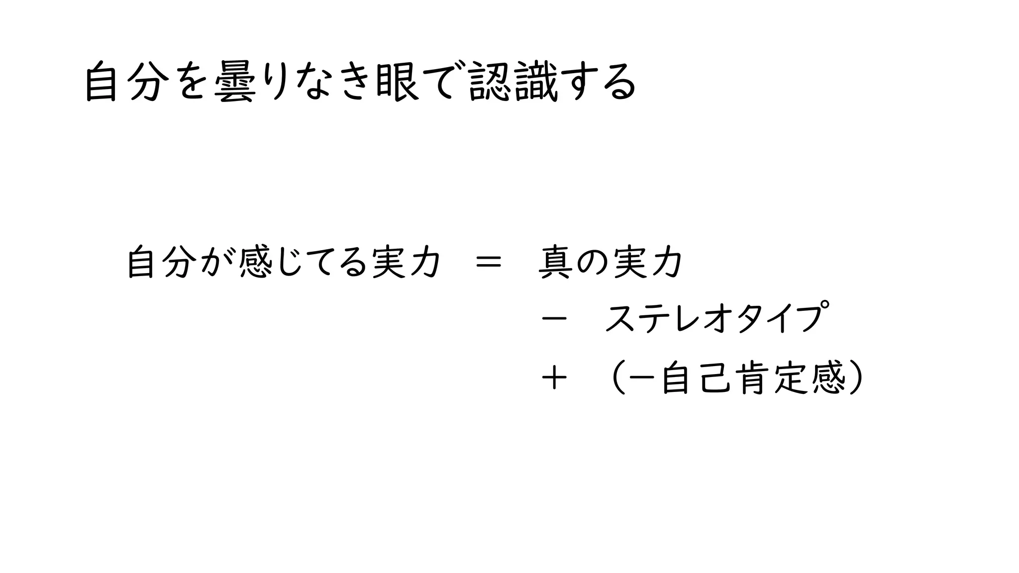 自分を曇りなき眼で認識する
自分が感じてる実力 真の実力
－
（－自己肯定感）
ステレオタイプ
+
=
 