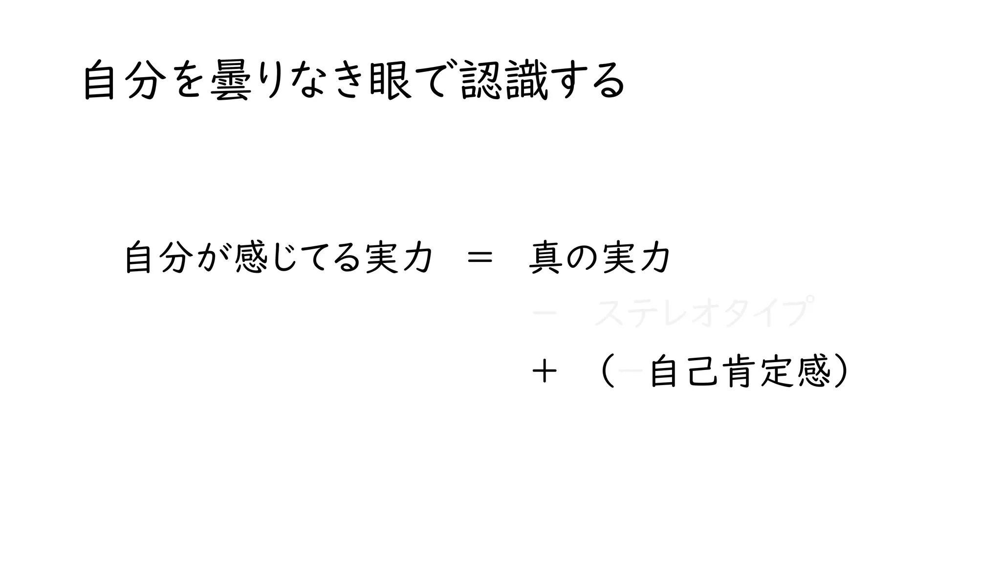 自分を曇りなき眼で認識する
自分が感じてる実力 真の実力
－
（－自己肯定感）
ステレオタイプ
+
=
 