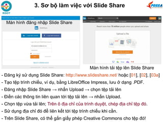 3. Sơ bộ làm việc với Slide Share
- Đăng ký sử dụng Slide Share: http://www.slideshare.net/ hoặc [01], [02], [03a]
- Tạo tệp trình chiếu, ví dụ, bằng LibreOffice Impress, lưu ở dạng .PDF.
- Đăng nhập Slide Share → nhấn Upload → chọn tệp tải lên
- Điền các thông tin liên quan tới tệp tải lên → nhấn Upload.
- Chọn tệp vừa tải lên; Trên ô địa chỉ của trình duyệt, chép địa chỉ tệp đó.
- Sử dụng địa chỉ đó để liên kết tới tệp trình chiếu khi cần.
- Trên Slide Share, có thể gắn giấy phép Creative Commons cho tệp đó!
Màn hình tải tệp lên Slide Share
Màn hình đăng nhập Slide Share
 