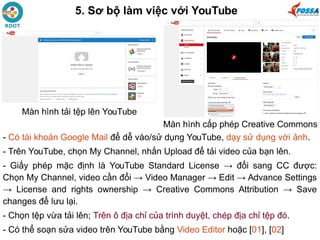 5. Sơ bộ làm việc với YouTube
- Có tài khoản Google Mail để dễ vào/sử dụng YouTube, dạy sử dụng với ảnh.
- Trên YouTube, chọn My Channel, nhấn Upload để tải video của bạn lên.
- Giấy phép mặc định là YouTube Standard License → đổi sang CC được:
Chọn My Channel, video cần đổi → Video Manager → Edit → Advance Settings
→ License and rights ownership → Creative Commons Attribution → Save
changes để lưu lại.
- Chọn tệp vừa tải lên; Trên ô địa chỉ của trình duyệt, chép địa chỉ tệp đó.
- Có thể soạn sửa video trên YouTube bằng Video Editor hoặc [01], [02]
Màn hình cấp phép Creative Commons
Màn hình tải tệp lên YouTube
 