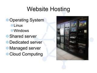 Website Hosting Operating System Linux Windows Shared server Dedicated server Managed server Cloud Computing 